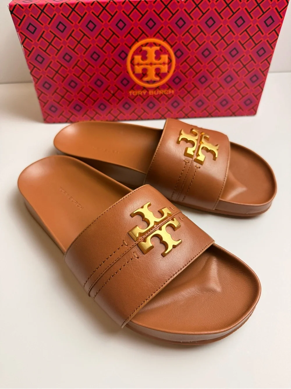 Tory Burch Everly Anatomic Cloud Slide Sandals Ambra Brown Leather Gold Logo 8